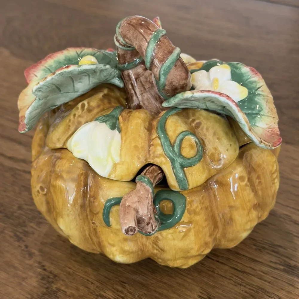 Fitz and Floyd Gardening Gourmet Pumpkin Condiment Jar W/Lid Spoon Box Vintage